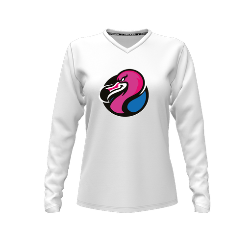 [CUS-DFW-TEES-CMF-VNK-LSL-WHT-FYXS-LOGO1] Decker Comfort T-Shirt (Female Youth XS, White, V Neck, Logo 1, Long Sleeve)