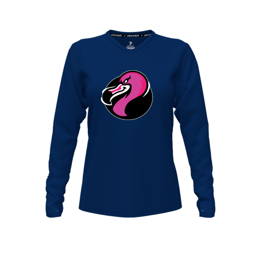 [CUS-DFW-TEES-CMF-VNK-LSL-NVY-FYXS-LOGO2] Decker Comfort T-Shirt (Female Youth XS, Navy, V Neck, Logo 2, Long Sleeve)